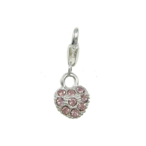 Charms, Bracelet Charms, Silver Plated Pink Rhinestone Heart Clip On Dangle Charms, 28mm (Loose)