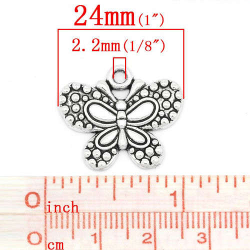 Charms, Antique Silver Butterfly Charms, 24mm (Loose)