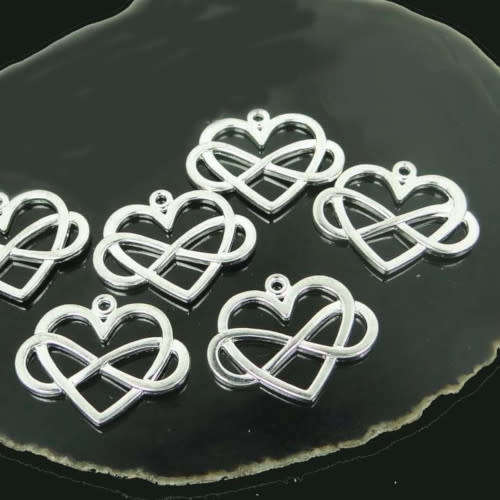 Charms, Shiny Silver Plated Charms, Infinity Symbol Heart Charms, 25mm (Loose)