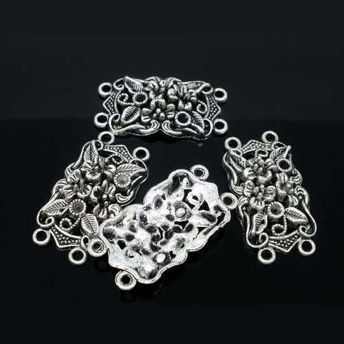 Connectors, Antique Silver 2/2 Loop Rectangle Floral Chaton Link Connectors, 36mm (Loose)