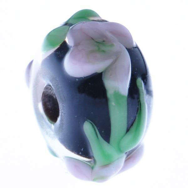 PANDORA STYLE LAMPWORK RONDELLE HANDMADE BEADS - DARK BLUE WITH VIOLET FLORAL DESIGN
