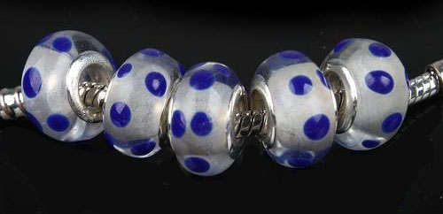 PANDORA STYLE MURANO GLASS BEADS - CLEAR WITH ROYAL BLUE DOTS