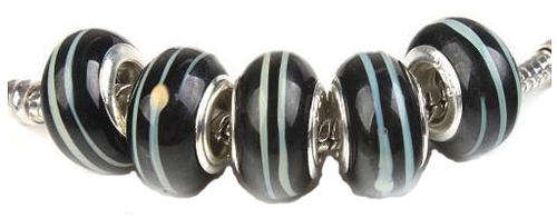 LAMPWORK RONDELLE BEADS BLACK WITH WHITE STRIPES