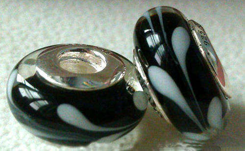 PANDORA STYLE  MURANO GLASS BEADS - BLACK AND WHITE SWIRL
