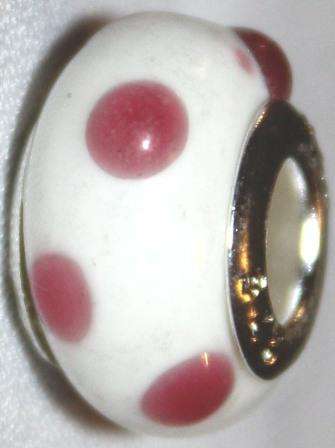 EUROPEAN STYLE - 925 SILVER CORE - MURANO GLASS - LAMPWORK BEADS - WHITE WITH RAISED PINK BUMPS