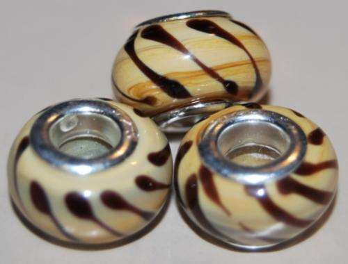 PANDORA STYLE 925 SILVER RONDELLE GLASS BEADS - TAN WITH COFFEE STRIPES