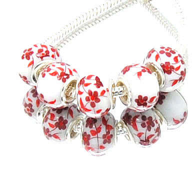 925 SILVER RONDELLE PANDORA STYLE GLASS BEADS - WHITE WITH RED FLORAL DESIGN