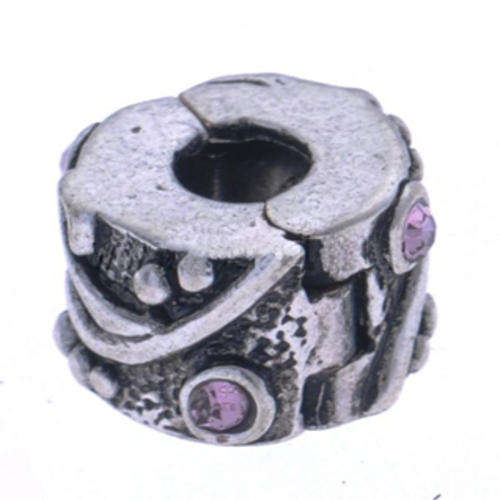PANDORA STYLE RONDELLE CLIP ON WITH PINK RHINESTONES WITH FLORAL DESIGN