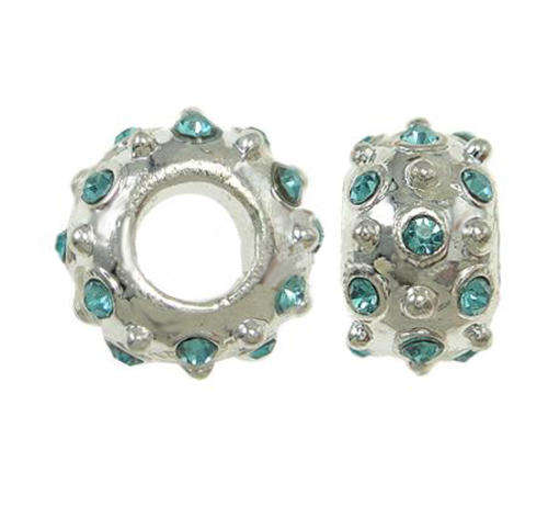 PANDORA STYLE SILVER RONDELLE BEADS WITH AQUA BLUE RHINESTONES