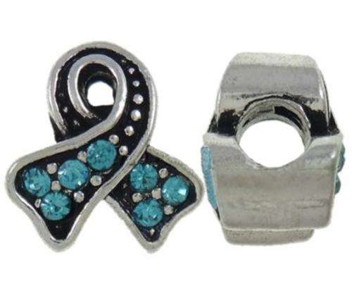 PANDORA STYLE AWARENESS RIBBON SPACER BEADS WITH SEA BLUE RHINESTONES