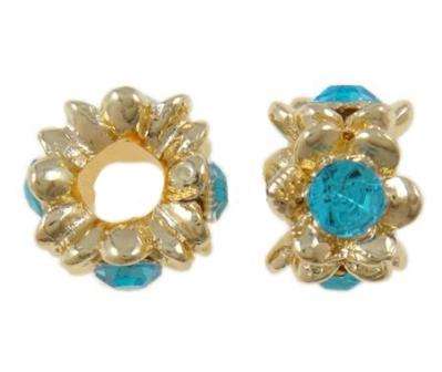 PANDORA STYLE GOLD PLATED RONDELLE BEADS WITH TURQUOISE RHINESTONES