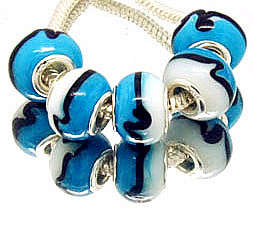 PANDORA STYLE GLASS LAMPWORK BEADS BLUE, BLACK AND WHITE STRIPE DESIGN