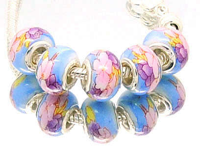 PANDORA STYLE CERAMIC RONDELLE BEADS BABY PINK, BLUE AND LILAC FLORAL DESIGN