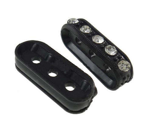 SPACERS - RHINESTONE - RECTANGLE - THREE HOLE  - 7.50x18x4mm - BLACK PLASTIC WITH CLEAR RHINESTONES