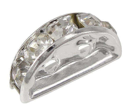 SPACERS - RHINESTONE - HALF MOON - TWO HOLE - SILVER PLATED - 12.5x7x3.5mm