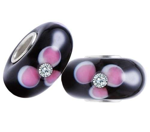 PANDORA STYLE HANDMADE MURANO GLASS BEADS - BLACK WITH PINK FLORAL DESIGN & CZ