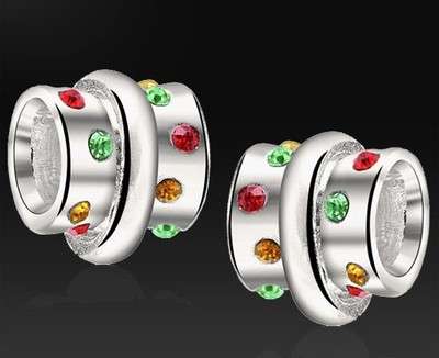PANDORA STYLE 3 PIECE SILVER PLATED BARREL BEADS WITH COLORFUL RHINESTONES