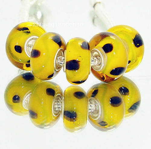 PANDORA STYLE 925 SILVER MURANO GLASS BEADS - YELLOW WITH BLACK DOTS