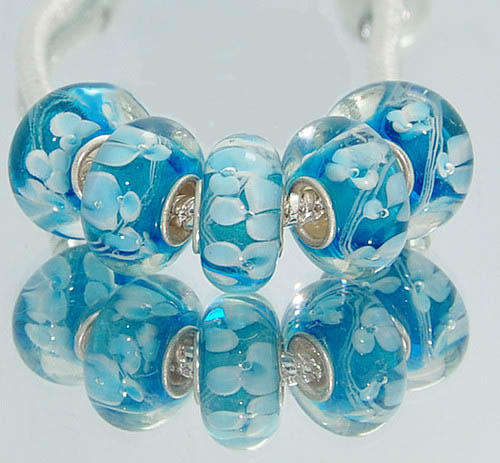 PANDORA STYLE 925 SILVER RONDELLE GLASS LAMPWORK BEADS - LIGHT BLUE WITH WHITE FLOWERS