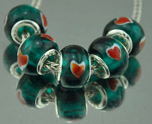 EUROPEAN STYLE - 925 SILVER CORE - MURANO GLASS BEADS - EMERALD GREEN WITH RED HEARTS