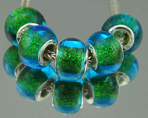 PANDORA STYLE 925 SILVER RONDELLE GLASS LAMPWORK BEADS - SEA BLUE WITH GREEN SILVERFOIL BAND
