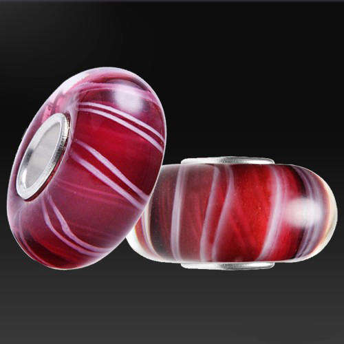 PANDORA STYLE 925 SILVER MURANO GLASS BEADS - CLEAR RED WITH WHITE AND BLACK STRIPES