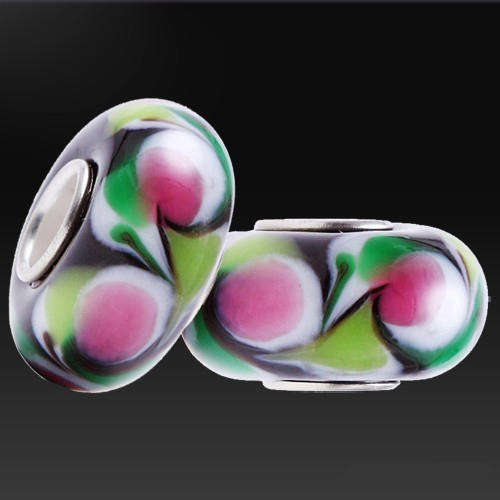 PANDORA STYLE 925 SILVER MURANO GLASS BEADS - BLACK WITH PINK, GREEN AND YELLOW FLORAL DESIGN