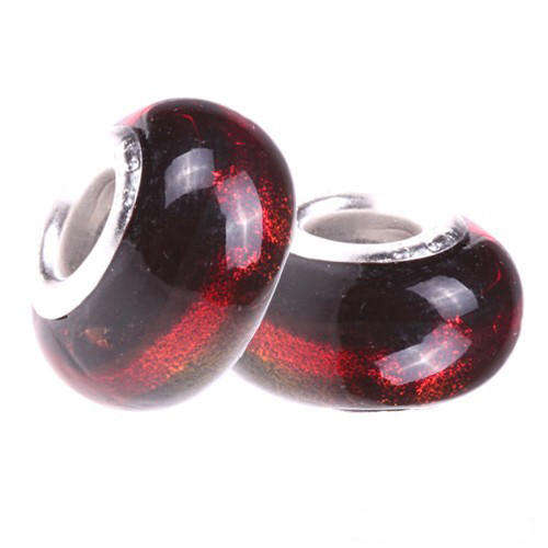 PANDORA STYLE 925 SILVER MURANO GLASS BEADS - WINE RED SILVERFOIL WITH BLACK STRIPES