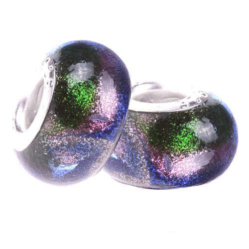 PANDORA STYLE 925 SILVER MURANO GLASS BEADS - PURPLE BLUE AND GREEN SILVERFOIL