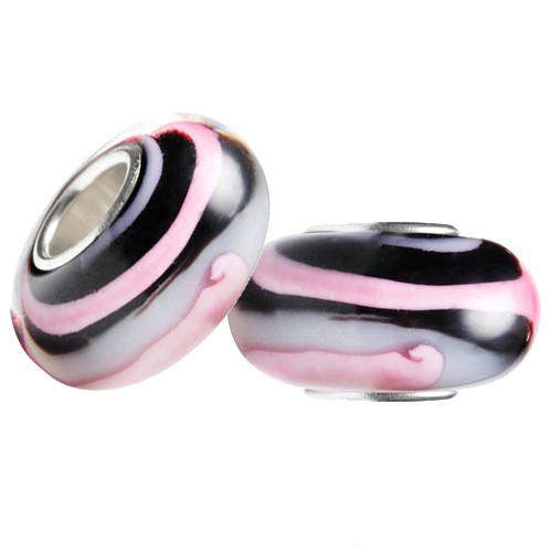 PANDORA STYLE 925 SILVER MURANO GLASS BEADS - PINK AND BLACK STRIPES