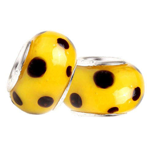 PANDORA STYLE 925 SILVER MURANO GLASS BEADS - BRIGHT YELLOW WITH BLACK DOTS