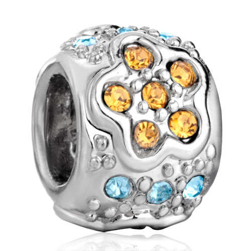 PUGSTER CITRINE AND AQUAMARINE BIRTHSTONE SWAROVSKI CRYSTAL FLOWER CHARM BEAD