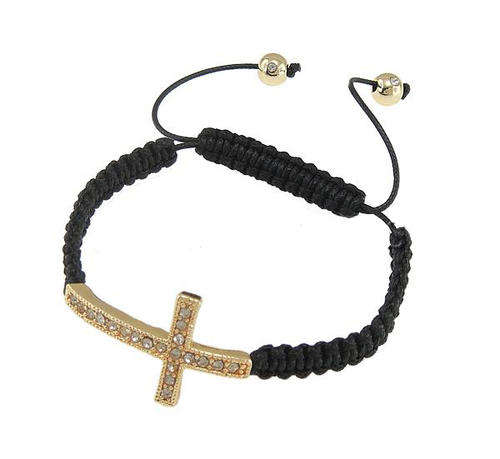 FASHION BRACELETS - BLACK WAX CORD WITH GOLD RHINESTONE CROSS