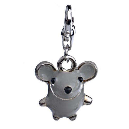 CLIP-ON - SILVER - DANGLE CHARM - MOUSE - GREY AND BLACK ENAMEL