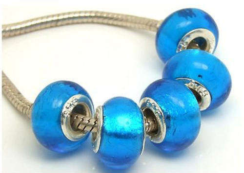 PANDORA STYLE 925 SILVER MURANO GLASS BEADS - CLEAR OCEAN BLUE SILVERFOIL