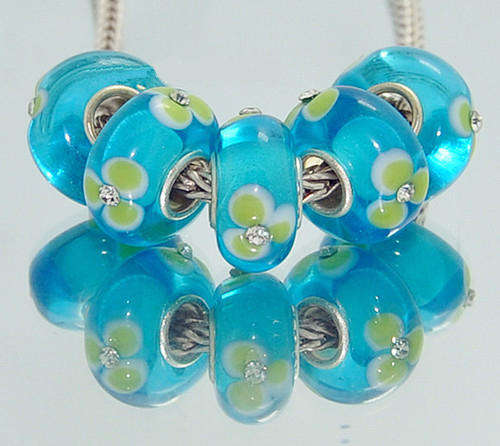 EUROPEAN STYLE - 925 SILVER CORE - MURANO GLASS BEADS - OCEAN BLUE WITH GREEN FLOWERS & RHINESTONES