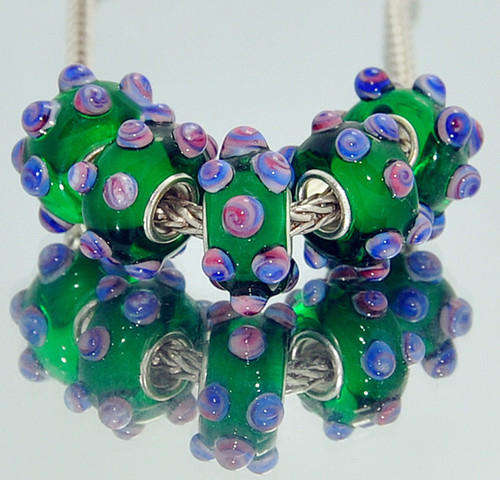 EUROPEAN STYLE - 925 SILVER CORE - MURANO GLASS BEADS - GREEN WITH RAISED PINK AND BLUE LAMPWORK