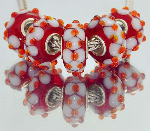EUROPEAN STYLE - 925 SILVER CORE - MURANO GLASS - LAMPWORK BEADS - BURNT ORANGE WITH RAISED FLOWERS