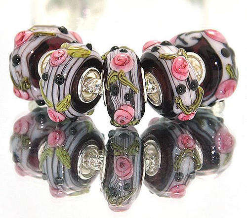 PANDORA STYLE 925 SILVER MURANO GLASS BEADS - VINTAGE STYLE  RAISED GREY,PINK AND BLACK ROSE DESIGN
