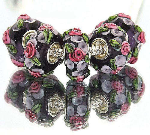 PANDORA STYLE 925 SILVER MURANO GLASS BEADS - VINTAGE STYLE  RAISED GREY,PINK AND BLACK LILY FLOWERS