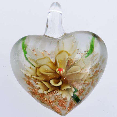 INNER FLOWER MURANO GLASS LAMPWORK PENDANT - HEART - GOLD SAND - 38x31x15mm