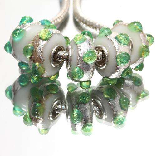PANDORA STYLE 925 SILVER MURANO GLASS LAMPWORK BEADS -  WHITE AND SILVER WITH RAISED GREEN BUMPS