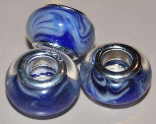 PANDORA STYLE 925 SILVER MURANO GLASS BEADS - CLEAR ROYAL BLUE WITH WHITE SWIRL