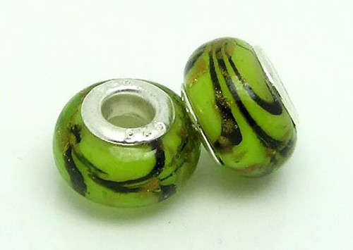 PANDORA STYLE 925 SILVER MURANO GLASS BEADS - GREEN WITH GOLD SAND AND BLACK LEAF DESIGN