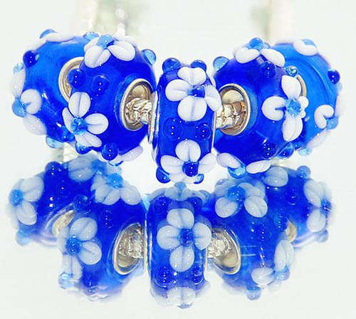 PANDORA STYLE 925 SILVER MURANO GLASS LAMPWORK BEADS - ROYAL BLUE WITH WHITE RAISED FLOWERS