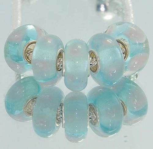 925 SILVER CORE - MURANO GLASS - LAMPWORK BEADS - CLEAR BABY BLUE AND PINK STRIPES