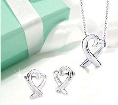 NECKLACE & EARRING SET - IN SOLID SILVER STERLING 925 AND 18k WHITE GOLD - PICASSO LOVING HEARTS