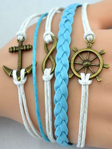 VINTAGE BRONZE BLUE AND WHITE 5 IN 1 INFINITY, ANCHOR AND RUDDER WAX CORD AND LEATHER BRACELET
