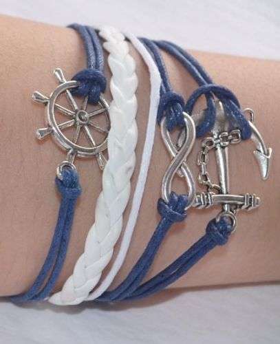 SILVER, NAVY BLUE AND WHITE 5 IN 1 INFINITY, ANCHOR AND RUDDER WAX CORD AND LEATHER BRACELET