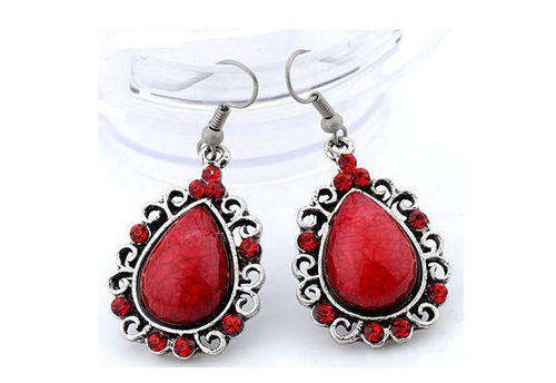 EARRINGS - TIBETAN SILVER - RED TEARDROP CRYSTAL BEADED DANGLE